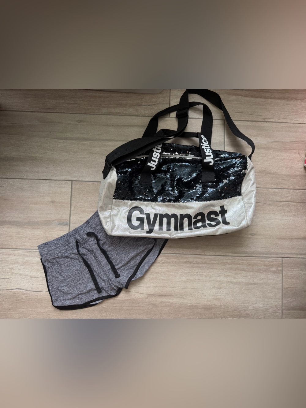 Lot of 2-Justice Black silver two-sided Sequin Gymnast Duffle Bag & gray shorts